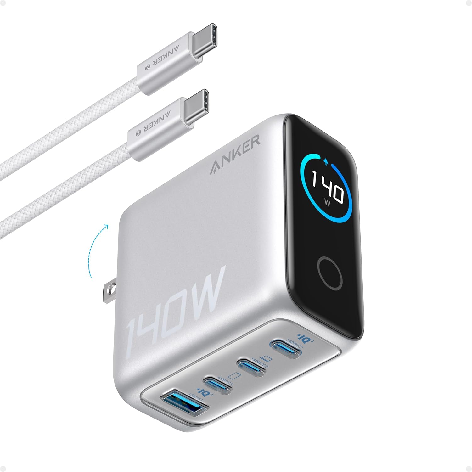Anker 140W Type C Charger with 4 Ports, Fast Charging with Advanced GAN Adapter and Intuitive Touch Controls, Compatible with iPhone 17/16/15/14, MacBook, and Samsung Galaxy
